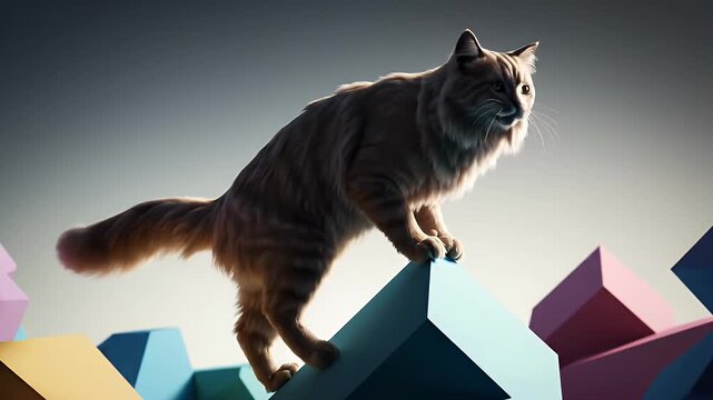 A majestic feline poised confidently atop a vibrant, abstract landscape of colorful geometric blocks, embodying balance and curious exploration