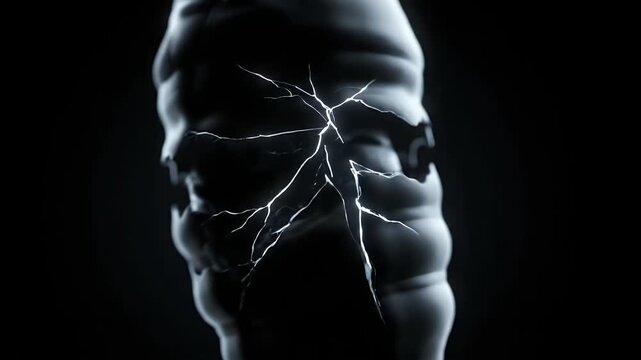 Abstract illustration of a dark, cracked figure, with bright light emanating from its fissures, representing inner struggle, breaking points, and the emergence of hidden strength