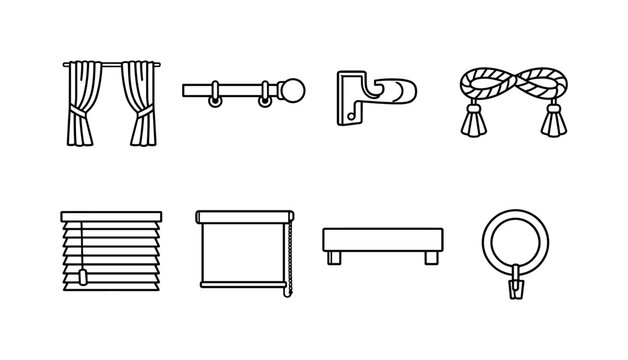 Home window treatments: curtain panel, curtain rod, wall bracket, tieback rope, window blind, roller shade, valance board, curtain ring.