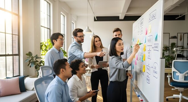 Diverse Business Team Collaborating and Brainstorming on Whiteboard in Modern Office for Project Planning and Innovation Concept
