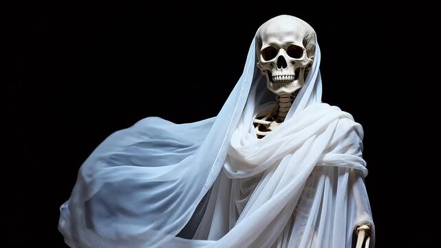Skeleton draped in white cloth