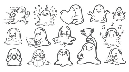 cute blob monster doodle characters icons set in hand drawn cartoon style vector illustration, Cute funny blob creatures characters collection in black and white doodle style vector illustration © Muhammad