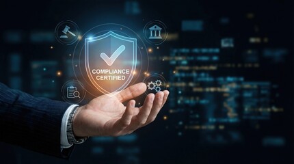 Fototapeta premium Businessman hand holding holographic compliance certified shield icon floating above a dark digital network background with copy space for regulatory and governance concept.