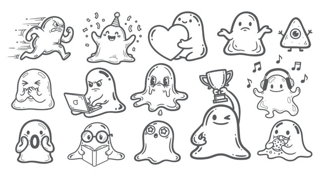 cute blob monster doodle characters icons set in hand drawn cartoon style vector illustration, Cute funny blob creatures characters collection in black and white doodle style vector illustration