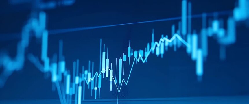 Dynamic stock market graph pulses with data as camera slowly pans, showcasing financial trends in a cinematic, blue-toned setting, ideal for investment and economics themes.