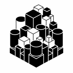 Obraz premium Abstract geometric monochrome composition featuring an isometric arrangement of cubes and cylinders, creating a modern, minimalist structure for design and architectural concepts