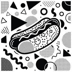 Naklejka premium Hot dog in bun with abstract geometric patterns and shapes on white background