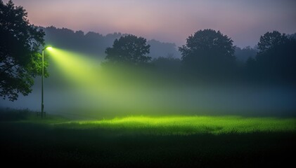 Illuminated Path in the Fog: An ethereal scene of a street light piercing through a blanket of fog, casting a radiant beam across a tranquil landscape at dusk.