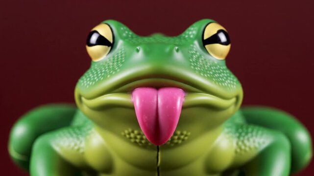 Close-up of a green frog toy with a pink tongue, showcasing its playful and quirky expression against a dark background.