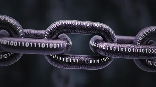 Close-up macro view of dark metallic chain links connected together, each link engraved with white binary code numbers. The image represents data security and digital technology.