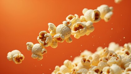 Popcorn Cascade: An appetizing array of fluffy popcorn kernels float dynamically, their golden texture highlighted against a warm, inviting backdrop, a delicious and satisfying snack.