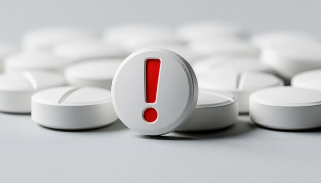 Cautionary Pill: A single pill with a bold exclamation mark sits prominently amidst a collection of white pills, symbolizing a warning about medication safety.