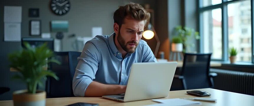 Focused professional working intently on a laptop in a modern office, as the camera slowly pans to reveal a dynamic, realistic workspace with ambient light flickering and subtle plant movement.
