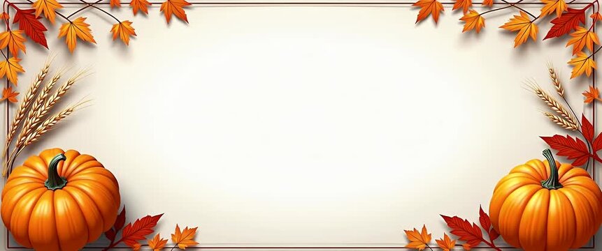 Autumn leaves gently sway around vibrant pumpkins as the camera slowly pans across a serene fall-themed border, creating a cinematic harvest ambiance with ample copy space.