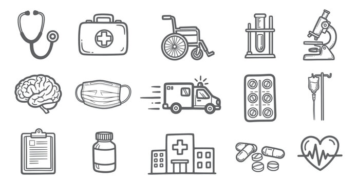 medical health care doodle icons set in hand drawn line style vector illustration, healthcare and hospital symbols icons in black and white sketch style vector illustration