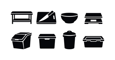 Commercial kitchen prep workstation: stainless table, cutting board, chef knife, mixing bowl, food scale, ingredient bin, storage container, trash bin.