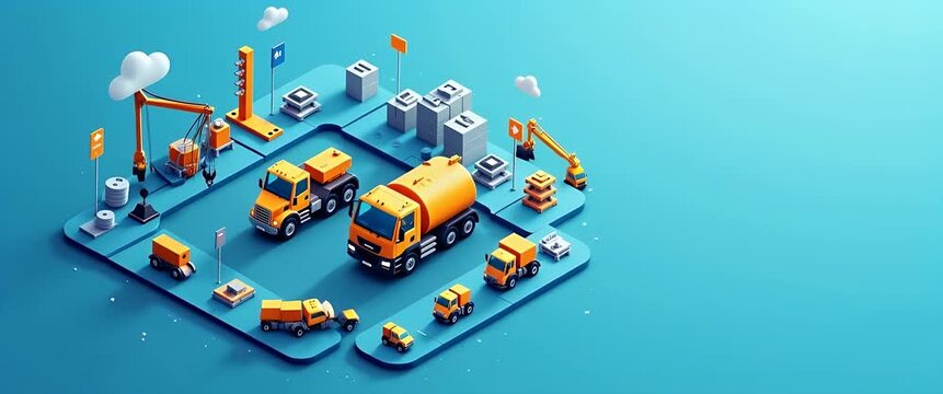 Vibrant construction site animation with trucks in motion, camera smoothly panning, and cranes gently swaying under a clear sky; ideal for industrial, logistic, and engineering themes.