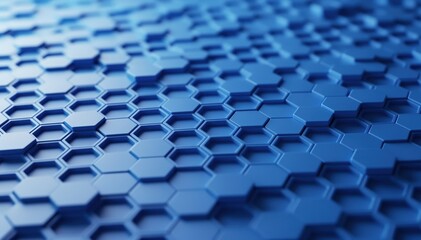 Obraz premium Hexagon Geometry: An intriguing close-up of a honeycomb-like structure showcases a mesmerizing pattern of interconnected hexagonal cells, rendered in varying shades of blue.