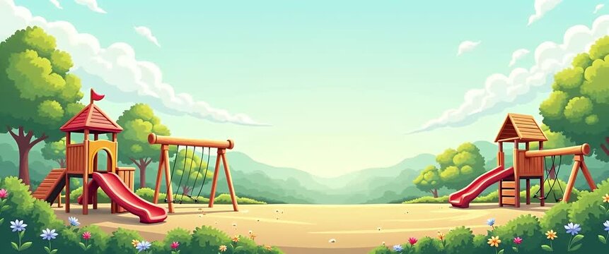 Sunny playground with vibrant slides and swings swaying gently; trees and flowers in soft breeze; camera slowly pans across idyllic landscape; cinematic and serene atmosphere.