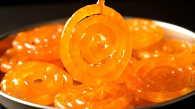 A close-up view of a plate filled with orange jalebi sweets on a dark background