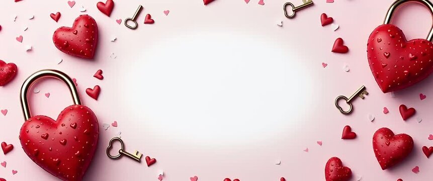 Heart-shaped balloons gently sway as a camera slowly pans over romantic, Valentine-themed keys and confetti, creating a dreamy, cinematic ambiance with ample copy space.