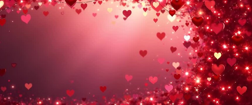 Hearts gently float in a soft-focus, romantic background, with a slow camera pan capturing a dreamy ambiance, ideal for Valentine's Day or wedding-themed visuals.