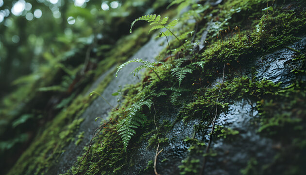Lush Green Ferns and Moss with Raindrops Growing on Wet Rock in a Dark Temperate Forest. Natural and serene macro shot.