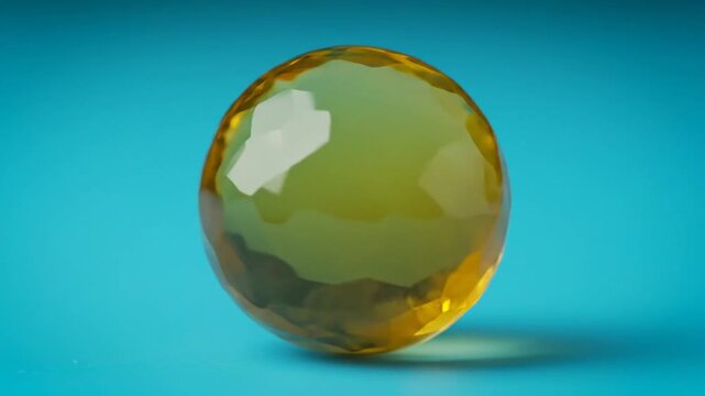 Close-up of a golden yellow vitamin D capsule on a vibrant blue background, showcasing its glossy surface and translucent quality.