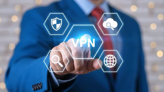 Man in a blue suit and red tie interacts with a glowing virtual interface displaying VPN icons for enhanced network security and online privacy.