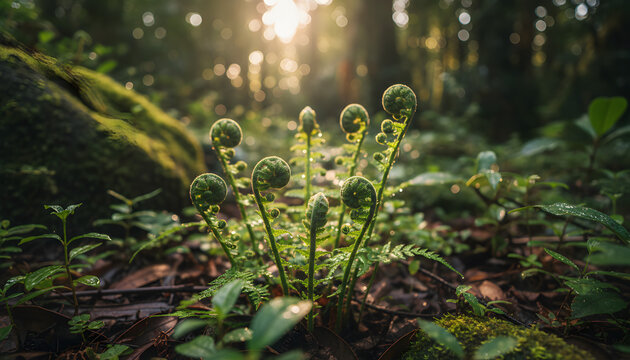 Close-up of vibrant green fern fiddleheads unfurling in a deep, lush rainforest, illuminated by dramatic sunbeams and golden bokeh at dawn.