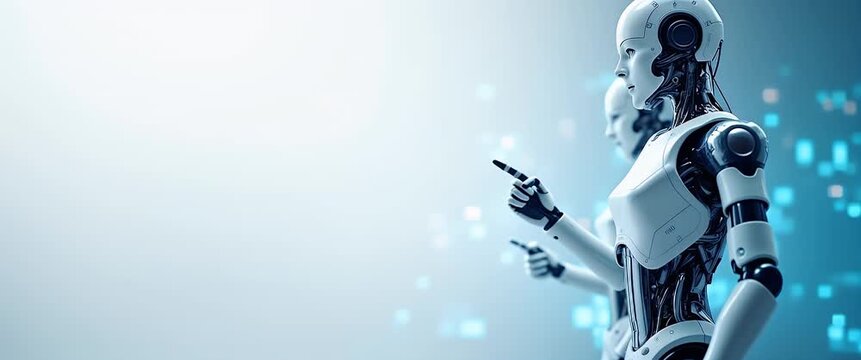 Futuristic robots interacting in a digital space, with gentle ambient motion of flickering lights, captured in a slow pan, showcasing advanced technology in a sleek, cinematic style.