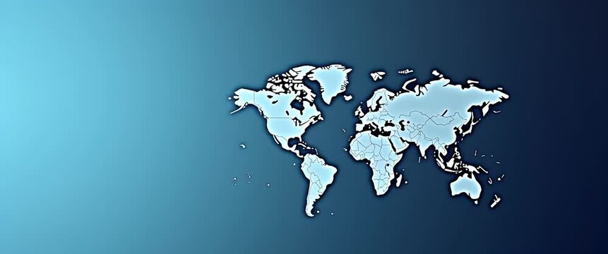 Cinematic animation of a 3D world map with continents subtly rotating; the camera executes a slow, sweeping pan while ambient light shifts gently across the scene, highlighting global connections.