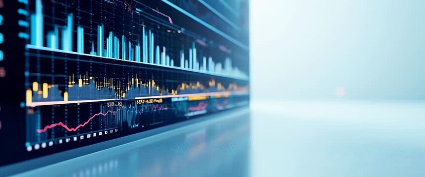 Dynamic financial graphs animate as the camera slowly pans over a futuristic digital interface, with ambient lights flickering in a cinematic, data-driven environment.