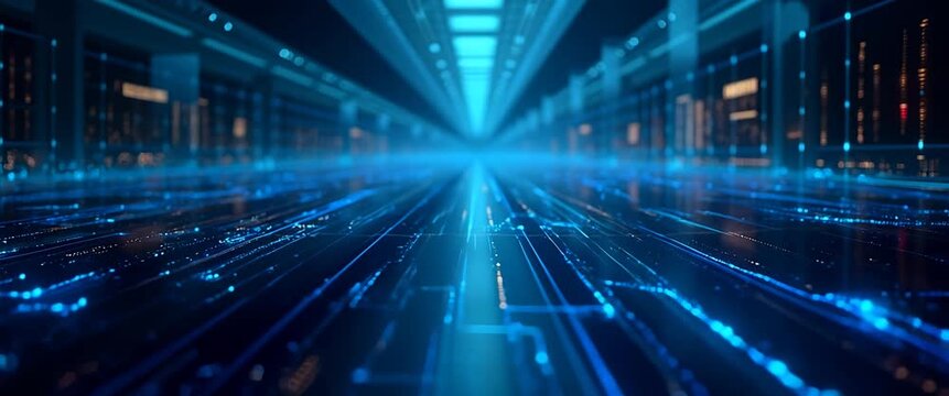Futuristic data center corridor with digital graphs flickering on walls; camera slowly pans forward in sleek, cinematic style, emphasizing innovation and technology advancement.