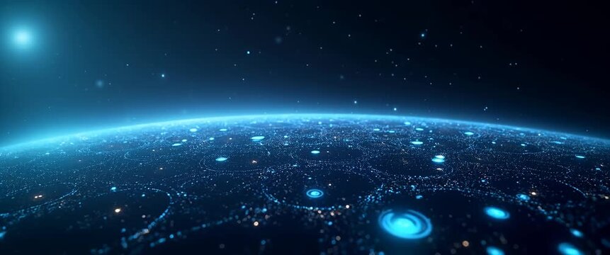 Cinematic view of a futuristic digital landscape with glowing patterns, as the camera slowly pans across the scene and ambient lights flicker in the vast, starry expanse.