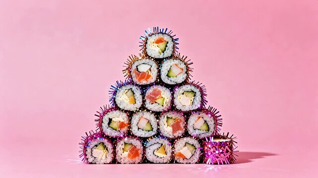 Sushi rolls arranged in pyramid