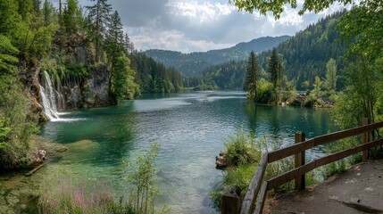 Clear Green Lake Surrounded by Dense Forest Trees with Wooden Fence Panoramic View Under a Bright Sunny Day Scenery with Sunlight Reflection