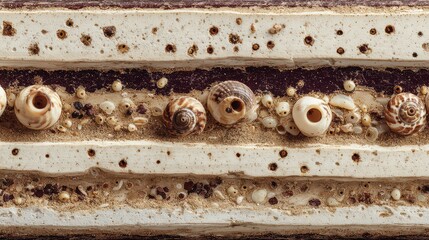 Close Up of Marine Growth on Striped Surface with Barnacles and Sediment Deposition in Warm Tones Under Natural Lighting