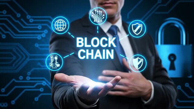 Man's outstretched hand presents a glowing blockchain network with interconnected icons for security and data, set against a backdrop of digital circuits and a prominent padlock.
