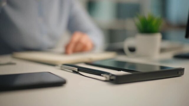 Close Up of Modern Office Desk Accessories with Smartphone and Notebook, Productivity and Minimal Workspace Concept