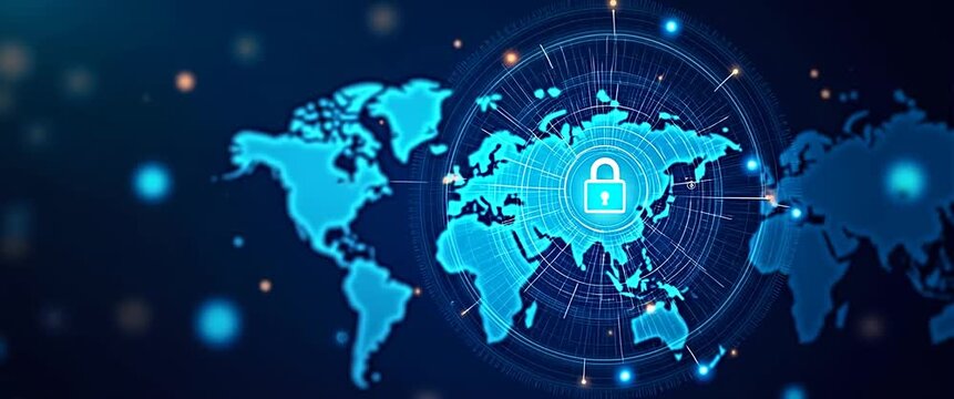Cinematic animation of a digital world map with a central lock icon, showcasing cybersecurity technology; camera slowly pans across as network lines pulse gently, emphasizing global data protection.