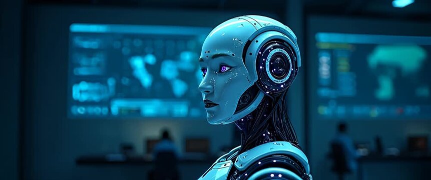 Futuristic AI robot turns its head in a high-tech control room; the camera pans slowly, capturing a cinematic ambiance with ambient screen flickers and soft background activity.
