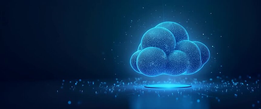 Futuristic digital cloud hovers gently as the camera slowly pans, highlighting data flow and connectivity in a sleek, cinematic style perfect for technology and innovation themes.