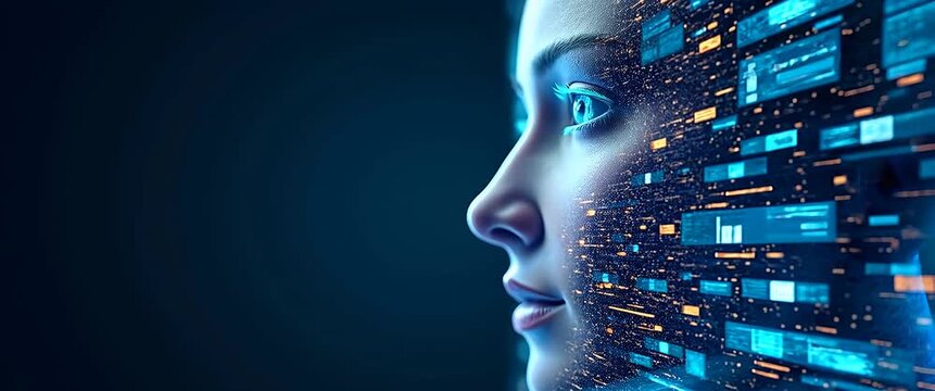 Futuristic AI face with digital data streams, glowing lights softly flicker as the camera slowly pans, creating a cinematic exploration of technology and innovation themes.