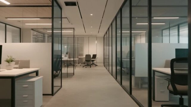 Contemporary Office Hallway with Glass Partitions and Modern Corporate Interior Architecture in Neutral Tones