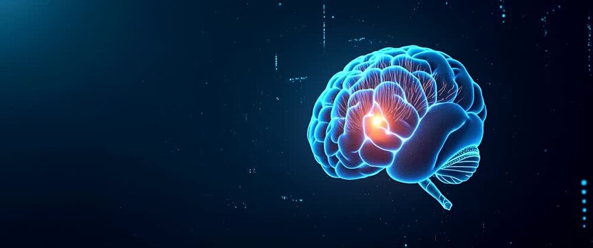 Glowing digital brain pulses with light in a futuristic, cinematic scene as camera slowly pans, capturing dynamic data flow and abstract technology elements against a dark, minimalistic background.