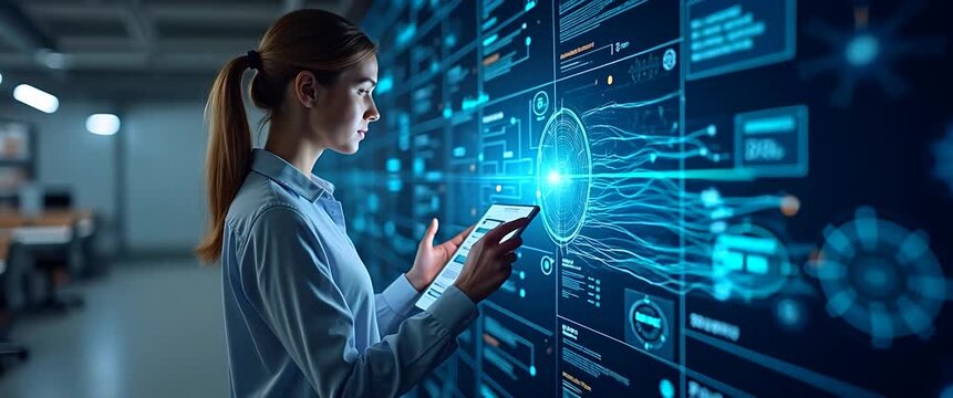 Innovative businesswoman interacts with futuristic digital interface, analyzing data in a modern office; camera gently pans as ambient lights flicker, creating a cinematic, tech-focused atmosphere.