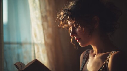 Woman reading a book by the window