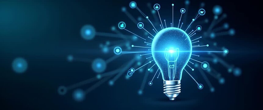 Innovative light bulb glows softly in a futuristic digital network, with gentle ambient motion as icons pulse, captured in a steady cinematic pan highlighting technology and creativity.
