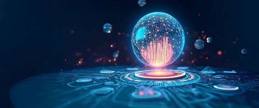 Futuristic holographic globe spins gently as camera smoothly pans, surrounded by glowing digital particles in a cinematic, technology-focused scene, perfect for innovation-themed projects.